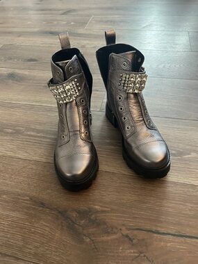Karl Lagerfeld Metallic Silver Combat Boots with Studded Strap